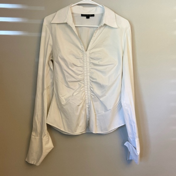 Lafayette 148 New York White Ruched Front Button Hook Collar Shirt Sz 8 - Picture 1 of 6